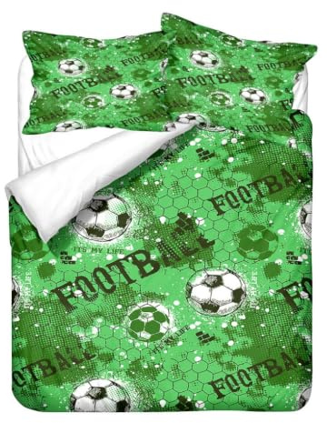 HNHDDZ 3D fotboll dubbelt påslakanset 200 x 200 cm, mjuka mikrofiber fotbollssängkläder med 2 örngott, grön flamma stadion, tryck, påslakan med dragkedja för pojkar, maskintvättbar
