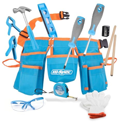 Hi-Spec 16pc Blue Kids Tool Kit Set & Child Size Tool Belt. Real Set for DIY Building, Woodwork & Construction Learning for Kids