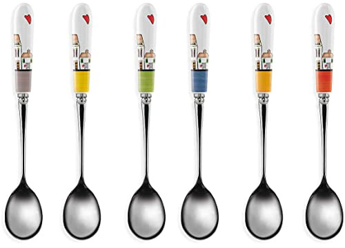 Egan Set di 6 Cucchiaini con Manici in ceramica Colorati Linea Le Casette, 15x2.3x1