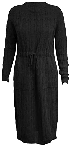 Top Fashion18 Ladies Cable Knitted Long Sleeve Pocket Tie Up Casual Cable Jumper Midi Dress Size 8-16 Black