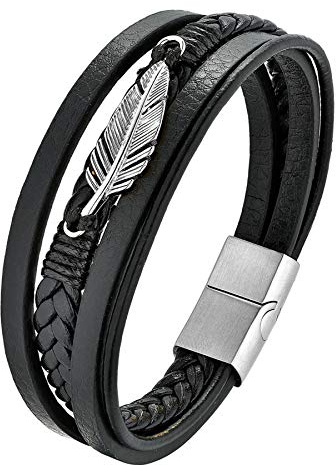 Flongo Läderarmband partnerarmband BFF armband vänskapsarmband armring läderarmband snörkedja kvinnor män svart med fjäder magnet-spänne, Läder,