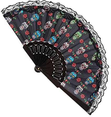 WIDMANN 03381 Dia de los Muertos Éventail en tissu, longueur 23 cm, Jour des morts, Mexique, Halloween, carnaval, fête à thème