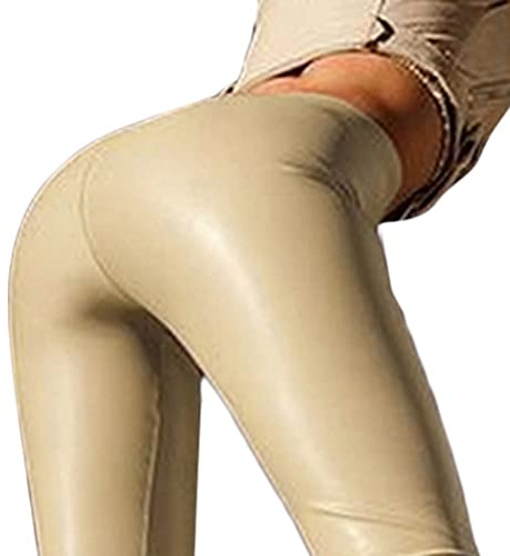 ORANDESIGNE Leggings Ecopelle Donna Sexy Vita Alta Pantaloni in Pelle Push up Collant PU Similpelle Leggins Coated Slim Treggins Basic Leather Pants A Cachi L