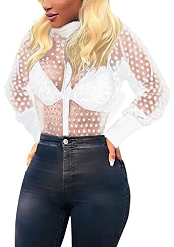 Angsuttc Button Up Shirt Women Long Sleeve Sheer Mesh See Through Polka Dots Transparent Blouse,White 2XL