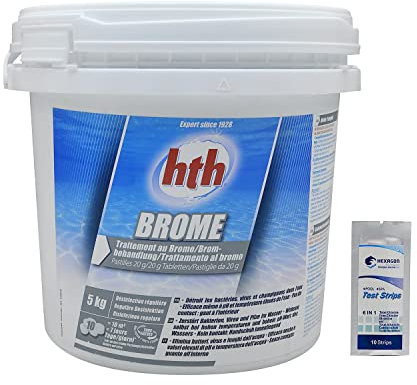 HTH Brome Pastilles 20g - 5kg | Brome Lent - Désinfection Régulière - Dissolution Lente + 10 Tests HPS OFFERTS 6 en 1