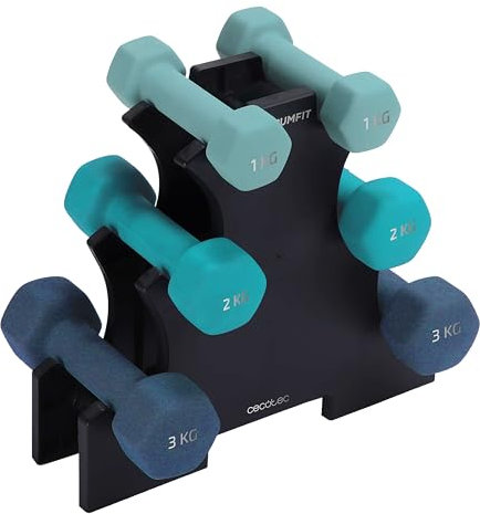 Cecotec Set aus 6 hexagonal geformten Sweatproof Hanteln von 1, 2 und 3 kg DrumFit Dumbbell 123 Neoprene Set. Hochgriffige Neoprenbeschichtung, geeignet für alle Arten von Benutzern, inklusive Ständer