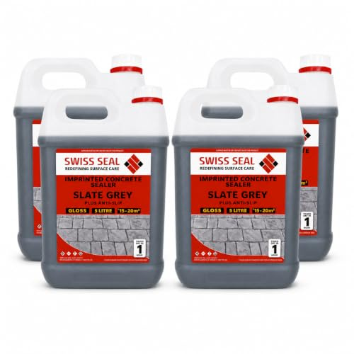 Swiss Seal | SLATE GREY Coloured Imprinted Concrete Sealer GLOSS FINISH + ANTI-SLIP | Colour Tinted Driveway And Patio Sealant - Wet Look | Colour Tint Sealant For Outdoor Concrete Floor (4 x 5 Litre)