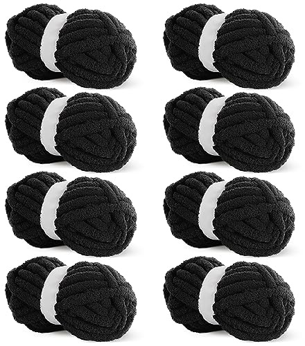 HOMBYS Black Chunky Chenille Yarn for Crocheting, Bulky Thick Fluffy Yarn for Knitting,Super Bulky Chunky Yarn for Hand Knitting Blanket, Soft Plush Yarn, 8 Jumbo Pack (27yds,8 oz Each Skein)