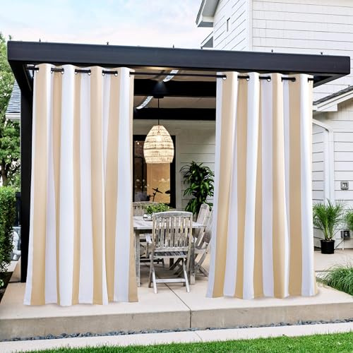 NICETOWN 2 Panels Stripe Outdoor Curtains for Patio Waterproof, Thermal Insulated Stainless Steel Grommet Room Darkening Indoor Outdoor Light Block Drapes, W52 x L108, Biscotti & White