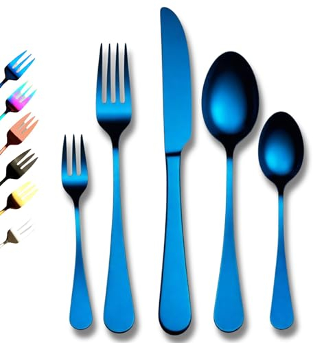 Cutlery Set in Dynamic Blue Colour, 30 Piece Set Service for 6, Premium Mirror Finish Tableware, Stainless Steel Flatware Serving Set, Dishwasher Safe, Forks, Knives, Soup & Dessert Spoons