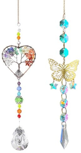 TYXHXTF 2 Piezas Atrapasoles de Cristal, Árbol de la Vida y Mariposa Campanas de Viento, Sun Catcher para Ventanas y Jardines, Prisma Colgante para Casa