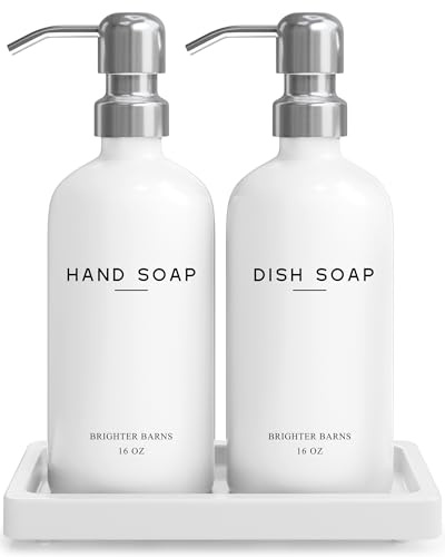 White Glass Hand and Dish Soap Dispenser Set by Brighter Barns - Kitchen Soap Dispenser Set with Tray & Pump for Office, Hotel, Vacation Rental, Airbnb - Modern Kitchen Decor & Accessories (White)