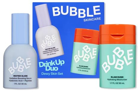 Bubble Skincare Drink Up Duo Dewy Skin Care Set - Travel Size Gift Set Includes Water Slide Hyaluronic Acid Serum & Slam Dunk Face Moisturizer - Promotes Healthy, Hydrated Skin (2 Count)