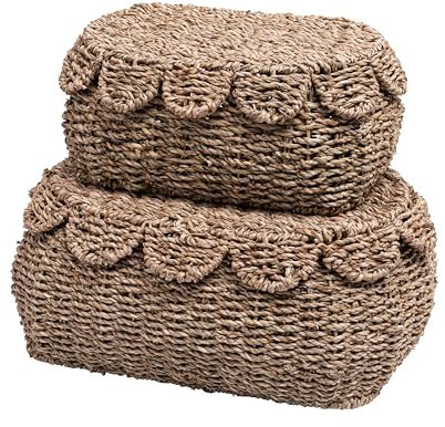 LUSYDECO 2er Set Hand Runde Weide Aufbewahrungskörbe, Rattankorb Dekoboxen, gewebte Aufbewahrungsbox Seegras Körbe mit Deckel, gewellter Rand Weidenkorb mit Deckel