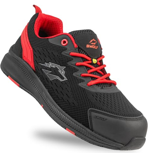 BWOLF Fly S1PS Zapatos de Trabajo de Seguridad ESD, Kevlar, Antiperforación, Antideslizantes, Suela EVA + Ergo Plus Comfort, Negro Rojo, 43 EU