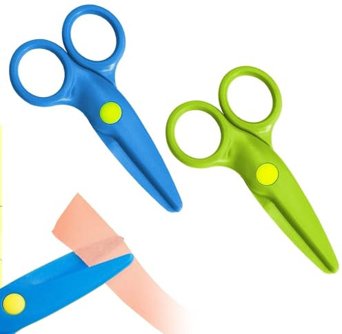 2 Piece Children Safety Scissors Set With Spring Loaded Plastic Design for Toddlers and Preschool Ages 3+ - Arts Training Tools (Green, Blue)