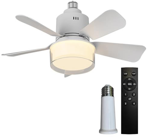 Ventilateur Plafond avec Lumière, 72W Ventilateur Silencieux Plafond avec Douille E27, Abat-jour double couche, Dimmable Ventilateur Plafond LED pour Chambre Salon (Blanc + Connecteur rallonge)