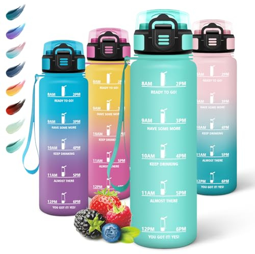 Motswedi Botella Agua Gimnasio, 1L sin BPA, Botella Agua, Reutilizable, con Marcador de Tiempo, Cantimplora para Oficina, Escuela, Yoga, Azul Verdoso 3245C