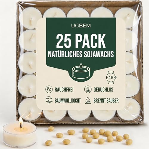 25 lumini naturali inodore in 100% cera di soia, durata 4 ore, senza paraffina, atossici, vegani, in tazza trasparente