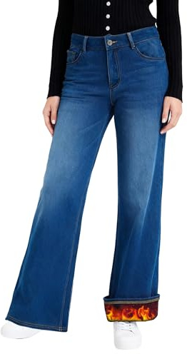 LaiEr Jeans de Pierna Ancha con Forro de Felpa para Mujer Jeans Vaqueros Térmicos de Alto Talle con Cremallera y Botón,Alta Elasticidad,Pantalones de Denim Calientes para Invierno(Azul Oscuro,S)