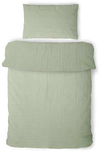 LAYNENBURG Musselin, barnsängkläder, 100 x 135 cm 40 x 60 cm – 100 % bomull – Oeko-Tex standard – 3-lagers muslinsängkläder set för baby, barn, pojkar och flickor (salvirön)