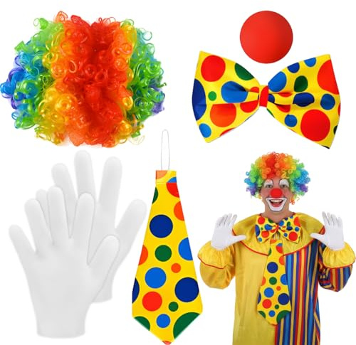 LSZUJP Set di 5 costumi da clown per donna, costumi da clown per bambini, naso, papillon, cravatta e guanti bianchi,di carnevale per uomo per cosplay, feste, carnevale, spettacoli circensi