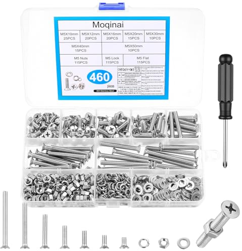 460pcs M5 Screw Set, Stainless Steel Countersunk Cross Head Machine Screws & Nuts Kit, Cross Head Screws with Washers & Spring Washers, Organised in Sturdy Storage Box