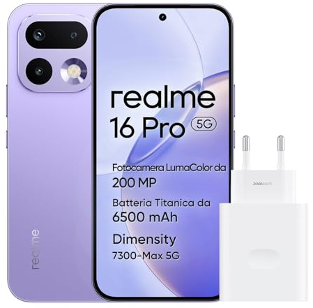 realme 16 Pro 5G Smartphone, 8GB+256GB, Display AMOLED 144Hz 6,78, Batteria 6500mAh, Fotocamera 200MP OIS, IP69K, Ricarica Rapida 45W, Doppia SIM, Next AI, Viola (Con Adattatore)