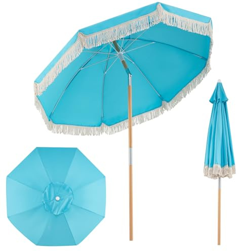FANTASK Sonnenschirm 170 cm, Strandschirm Boho mit Fransen, beidseitig um 30° knickbar, Gartenschirm Holz, Terrassenschirm, Marktschirm für Garten, Balkon, Terrasse (Blau)