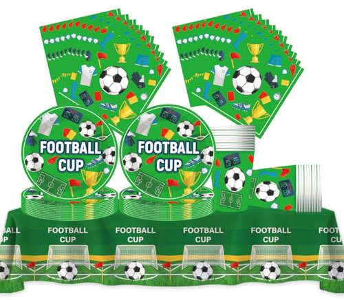 Fuwraixis Calcio Stoviglie per feste, 61 pezzi Coppa del Mondo Stoviglie per compleanni per bambini, Tema dello sport Set di piatti di carta per feste, Compresi bicchieri, tovaglioli e tovaglie
