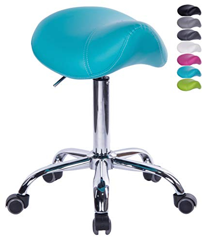 1stuff® Sattelhocker Sattelstuhl MULY - Sitzhöhe bis ca. 74cm - ergonomischer Rollhocker Bürohocker Arzthocker Arbeitshocker Praxishocker Drehhocker (Lederimitat hellblau)