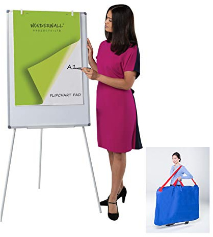 Wonderwall Magnetic Flipchart Easel, A1, 100 x 68cm with Bag | Large Dry-wipe Whiteboard Surface,Light and Portbale, Height-adjustable Tripod, ideal for training rooms & classrooms