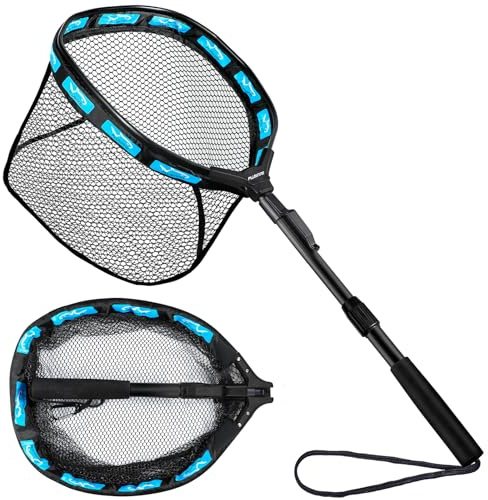 PLUSINNO Rete da pesca galleggiante, rivestita in gomma per una facile cattura e rilascio, reti da pesca d'acqua dolce per spigola, trota, glaucomi, kayak, guadino pieghevole per facile da trasportare