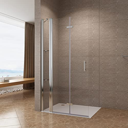 AQUABATOS® Falttür Duschtür mit Festteil 105 x 195 cm Duschwand Glas Faltbar Duschabtrennung Walk in Dusche 6 mm Echtglas mit Lotus Effekt Easy Clean Nanobeschichtung Drehfalttür fester Nebenteil