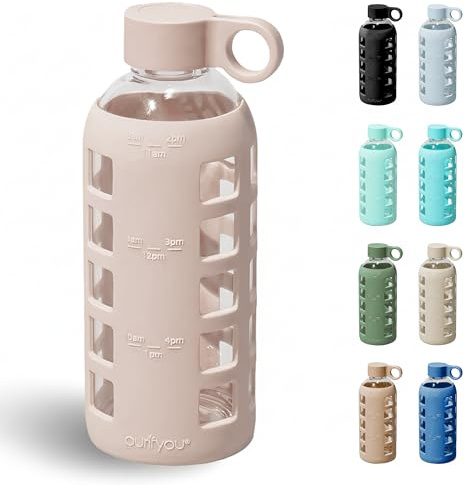 purifyou Premium 40/32 / 22/12 oz Glass Water Bottles with Volume & Times to Drink, Silicone Sleeve & Stainless Steel Lid Insert, Reusable Bottle for Fridge Water, Milk, Juice (22oz Hazelnut)