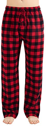 JTPW Men's 100% Cotton Flannel Sleep Pajama Pants With Pockets, Black Red Check, Size: L