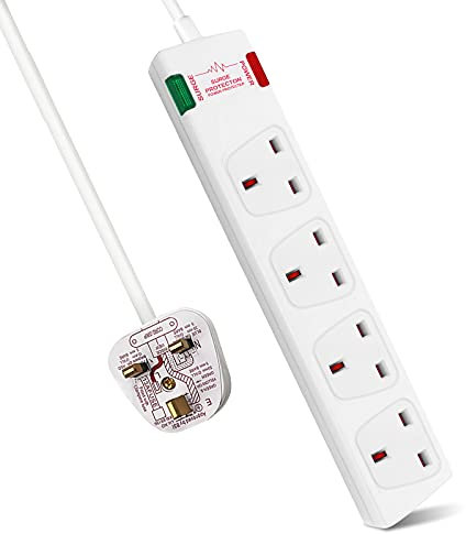 ExtraStar 4 Way Extension Lead with Surge Protection, 13A/250V~ Multi Sockets Power Strips, 3120W Fused UK Plug Wall Mounted Power Socket with 3M Extension Cord-White