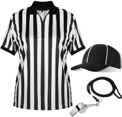 Geyoga 4 Pcs Men's Official Referee Costume Set Black and White Stripe Referee Shirt Hat Whistle Lanyard for Carnival(XL)