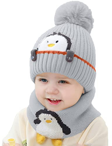 Rayson Bonnet Écharpe Set Hiver Enfant Bébé Tricoté 2 Pièces Garçon Fille Chaud Chapeau avec Pompon et Cercle Crochet Cache-Cou Ensemble(Gris)