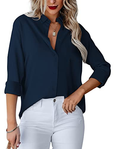 Homlan - Camicia da Donna con Scollo a V, a Maniche Lunghe, Elegante e Casual, con Bottoni, in Tinta Unita e con Tasca sul Petto, Blu Scuro, XXL
