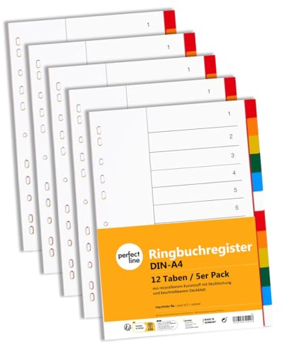perfect line - Ordner-Register DIN-A4 aus Kunststoff (PP), 12 Taben (12-teilig), 5er Set, Trennblätter für Akten-Ordner, recycelbar, made in Germany