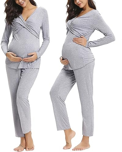 Irdcomps Pijamas de Lactancia para Mujer Invierno Algodón Embarazadas Mujer Maternidad Conjunto Largo Pijama de Hospital para Premamá S-XL（Estilo A- Gris，M）