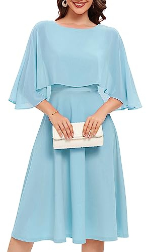 Fynadressr Blue Women Cape Dress with Chiffon Overlay Cocktail Party Wedding Guest Formal Going Out Funeral Work Dresses Blue M