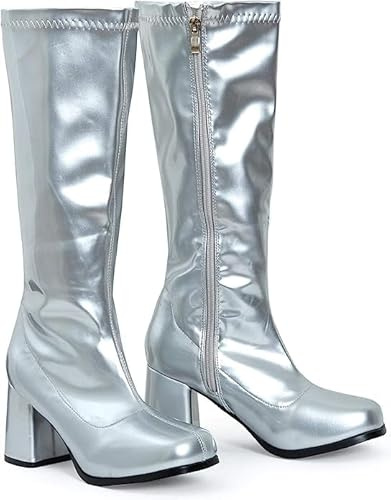 BloomFashion® New Women’s 1960’s 70’s Retro Knee-High Long Heel Boots Ladies Fancy Dress Party Go Go Boots With Side Zip Closure Size 3-12 UK (Silver, 5Uk)