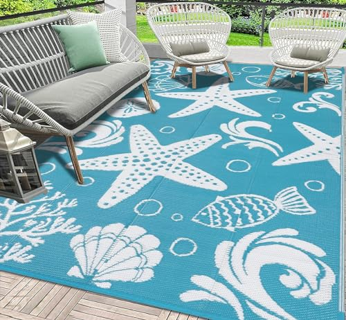 Enyhom Garden Rugs Outdoor Waterproof Large, 180 x270 cm Recycled UV Resistant Picnic Rug Durable Foldable Straw Beach Mat Reversible Outside Woven Area Carpet Rug for Patios RV Camping, Turquoise