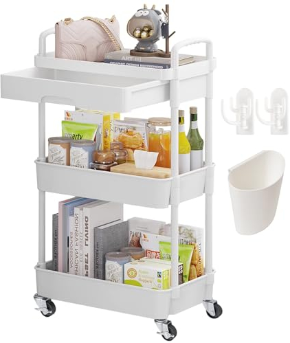 Wuciray Beauty Trolley on Wheels 3 Tier Storage Trolley with Drawer Plastic Beauty Trolleys Rolling Utility Cart Craft Trolleys on Wheels for Home Kitchen Bathroom Laundry Office White