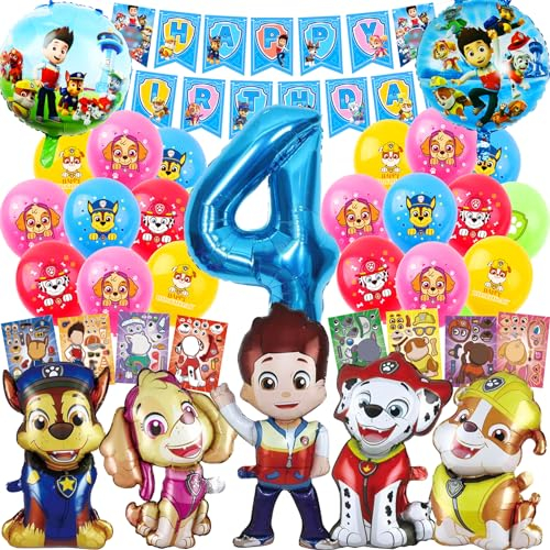 JINLAIYUN Patrulla Decorativa de cumpleaños para 4 años, para niños y niñas, 4ª Patrulla, decoración para 4 años, globos de papel de aluminio, decoración para tartas (número 4)