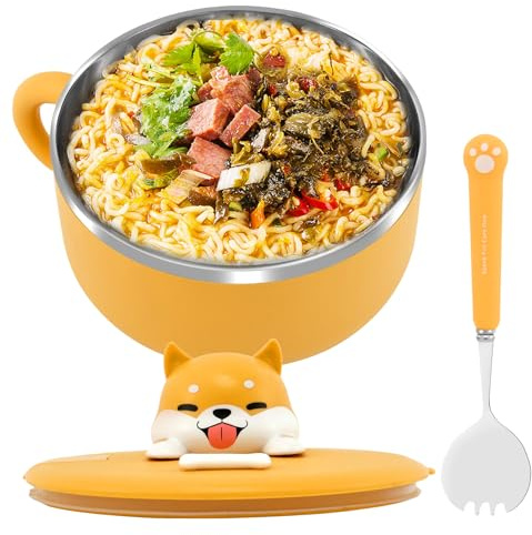 Alongen Ramen Bowl with Handle and Lid, 1200ml Large Instant Noodle Bowl with Lid and Spork, 304 Stainless Steel Noodle Bowl Heating Cup Noodles Soup Bowl, Salad Box, Kitchen Mixing Bowl