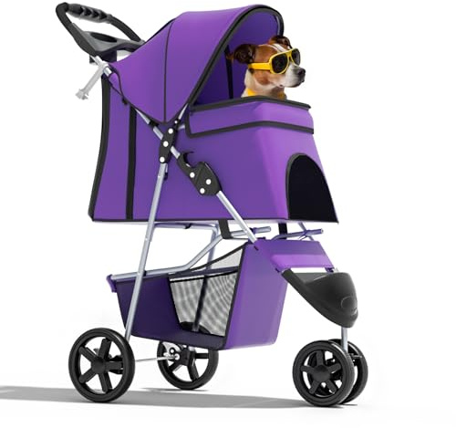 Magshion Passeggino pieghevole a 3 ruote per cani e gatti, leggero da viaggio, con cestino portaoggetti e portabicchieri, capacità 15,9 kg, viola
