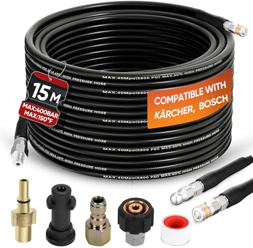 Ampvolts 15M/50FT High Pressure Washer Drain Pipe Hose Cleaning Kit, 400Bar/5800PSI, Compatible with Karcher K2 K3 K4 K5 K6 K7 Series, Includes 2 adapters, 2 nozzles